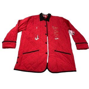 Vintage Christmas Desert Heat Jacket Women 2XL Red Quilted Santa Sleigh Emborder